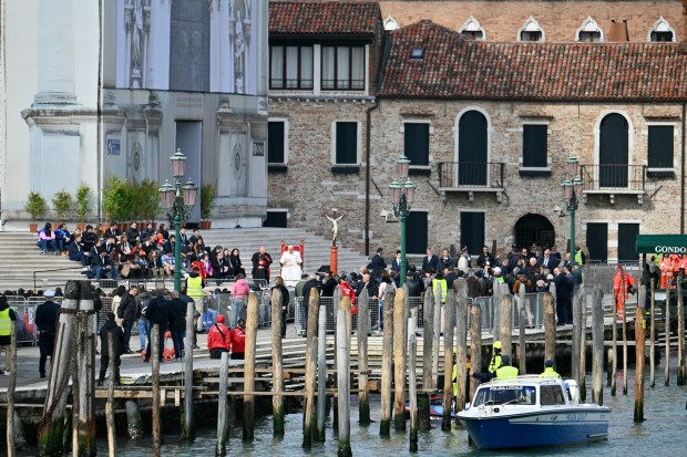 Pope Francis delivers a speech at Santa Maria della Salute basilica during a meeting with young people on April 28, 2024 in Venice