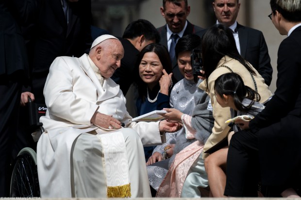 Pope Francis during his weekly general audience in St. Peter's square at the Vatican on April 24, 2024