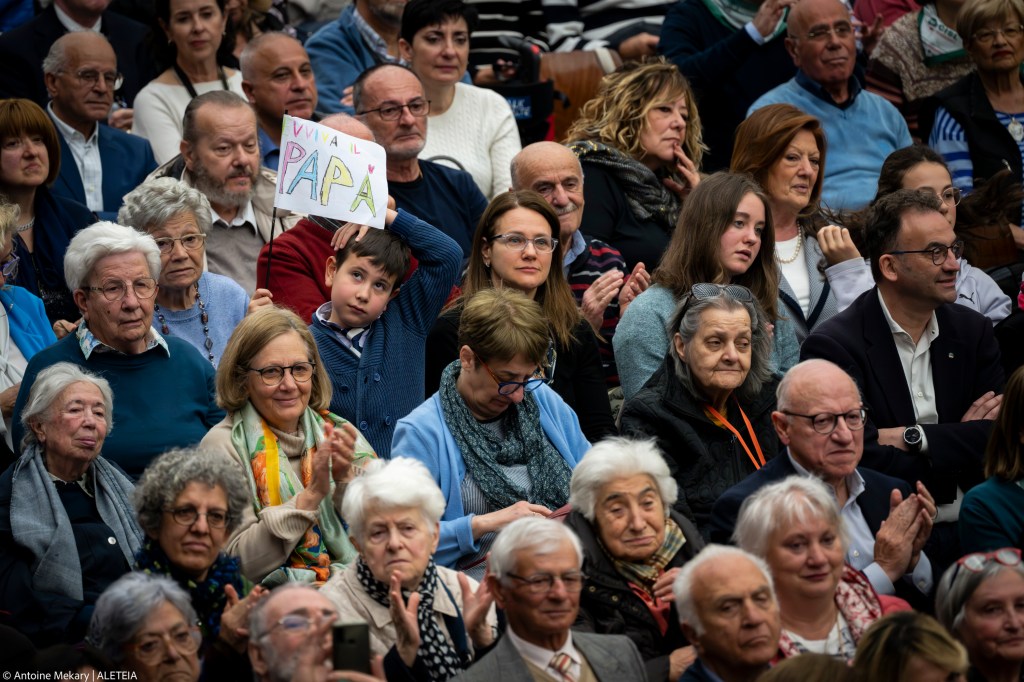 Pope Francis attends "The Caress and the Smile" event to meet with grandparents, the elderly, and grandchildren at the Vatican's Paul VI Audience Hall.