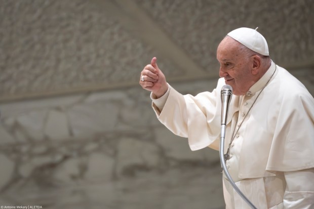 Pope Francis attends "The Caress and the Smile" event to meet with grandparents, the elderly, and grandchildren at the Vatican's Paul VI Audience Hall.