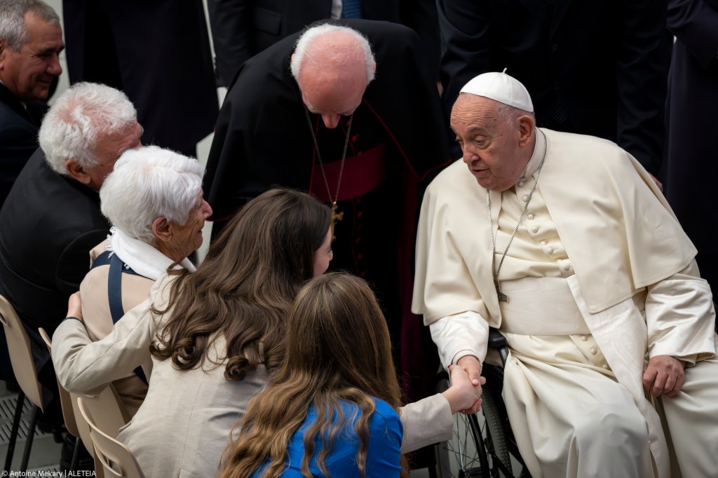 Pope Francis attends "The Caress and the Smile" event to meet with grandparents, the elderly, and grandchildren at the Vatican's Paul VI Audience Hall.