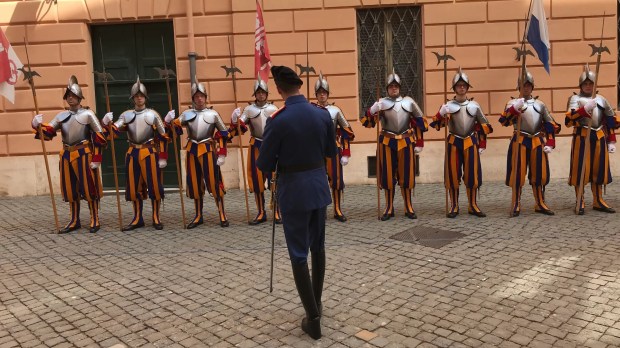 The vice-commander of the Swiss Guard trains the young recruits.