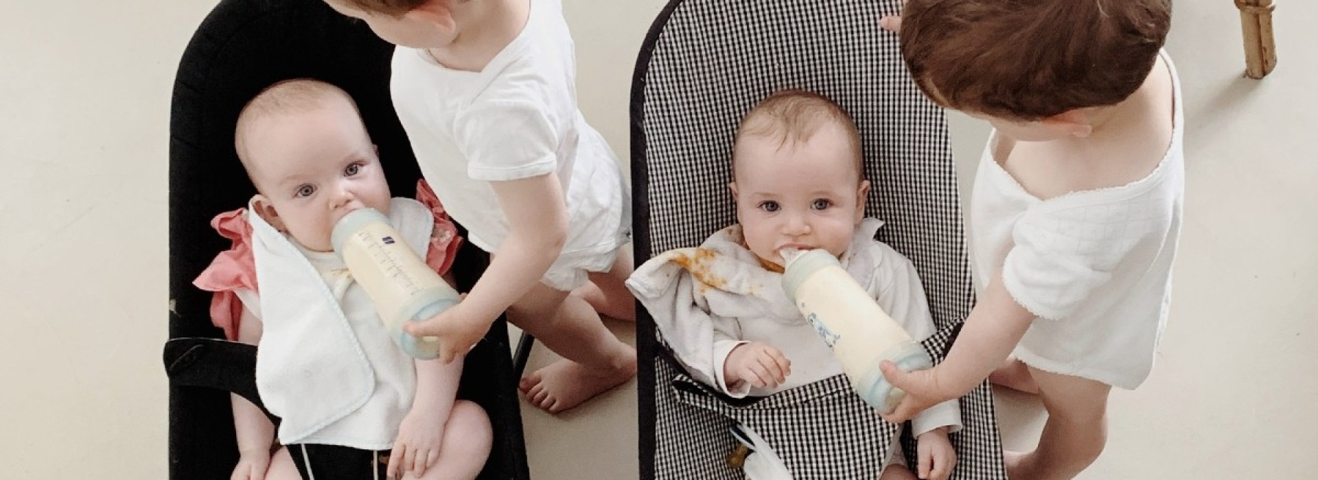 Two sets of twins, children of Claire and Louis, born within a year and a half of each other
