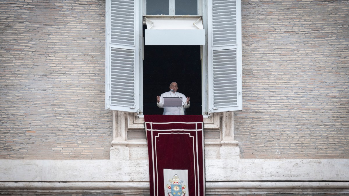 Pope Francis addresses the crowd from the window of the apostolic palace overlooking St. Peter's square during the Regina Coeli prayer on May 19, 2024 in The Vatican.