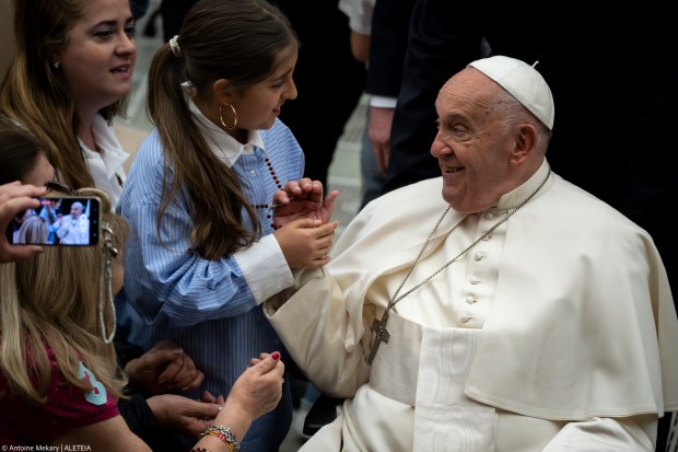 Pope Francis during his weekly general audience in Paul VI Hall at the Vatican on May 01, 2024