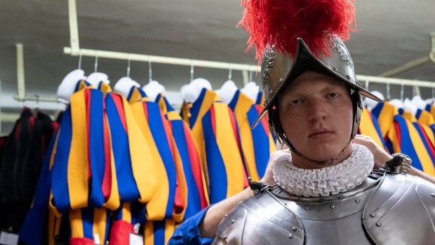 Swiss Guards take part in a swearing-in ceremony in San Damaso Courtyard, Vatican on May 06, 2024