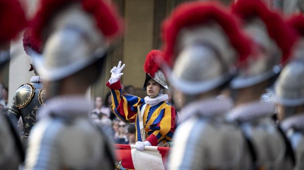 Swiss Guards take part in a swearing-in ceremony in San Damaso Courtyard, Vatican on May 06, 2024
