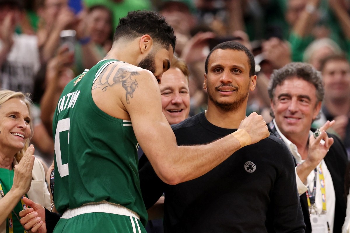 Jayson Tatum #0 of the Boston Celtics hugs head coach Joe Mazzulla of the Boston Celtics during the fourth quarter of Game Five of the 2024 NBA Finals against the Dallas Mavericks at TD Garden on June 17, 2024 in Boston, Massachusetts