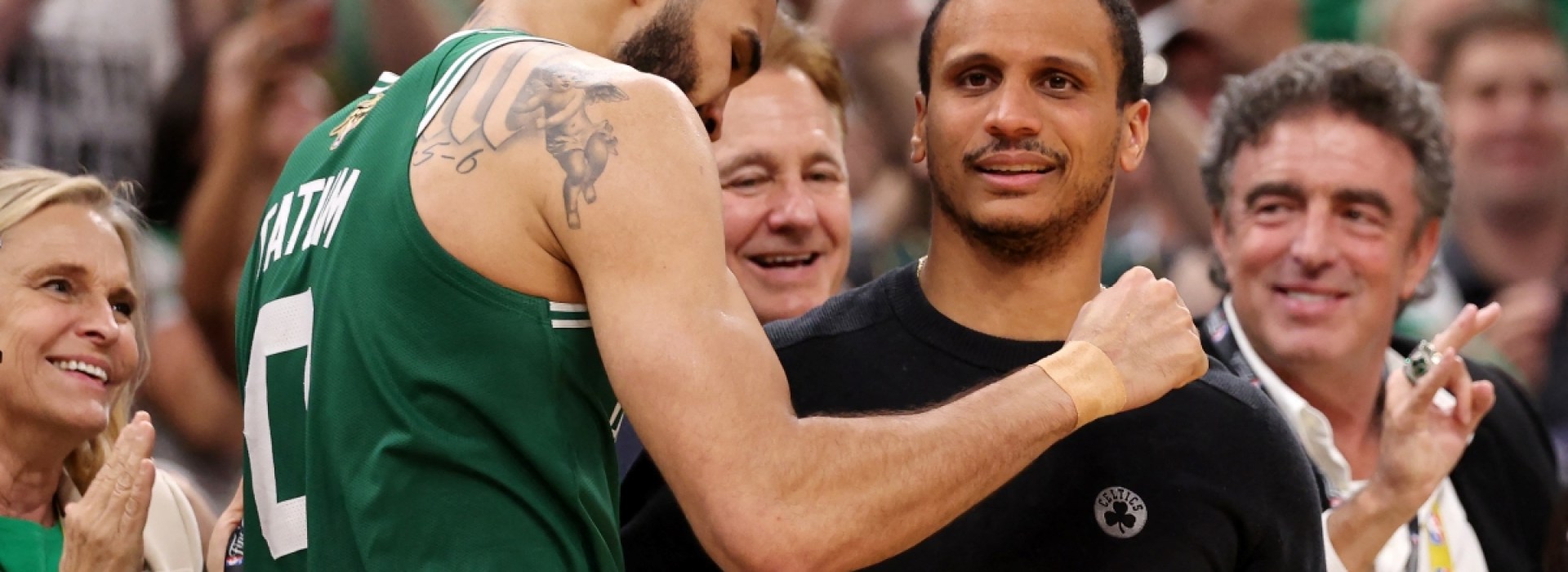 Jayson Tatum #0 of the Boston Celtics hugs head coach Joe Mazzulla of the Boston Celtics during the fourth quarter of Game Five of the 2024 NBA Finals against the Dallas Mavericks at TD Garden on June 17, 2024 in Boston, Massachusetts