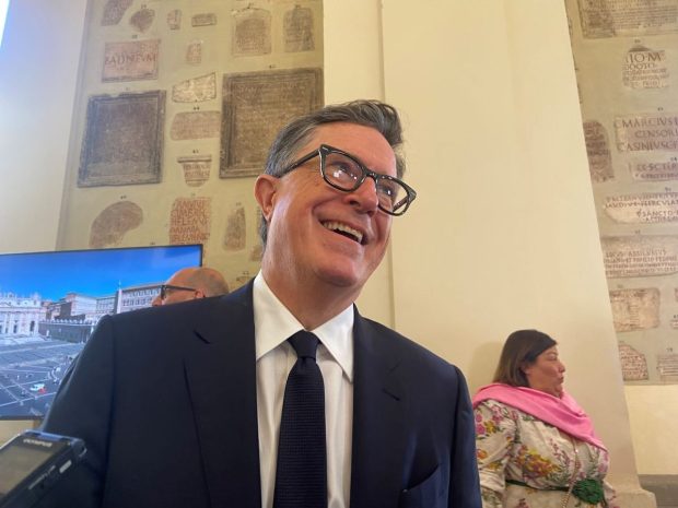 Stephen Colbert at the Vatican for a meeting between Pope Francis and comedians from all over the world on June 14, 2024.