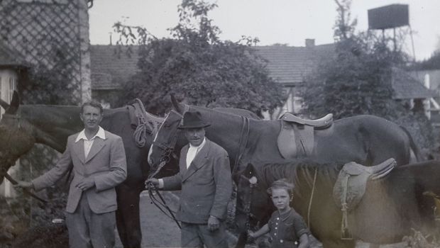 Photo of Jean-Jaques Chatel (7 yrs old) with his grandfather and uncle and horses