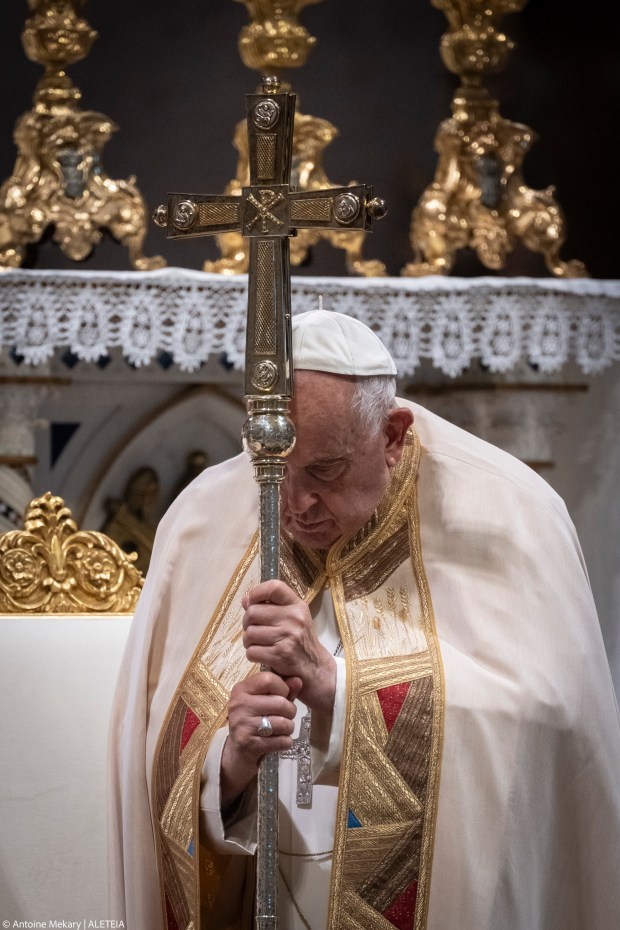 Pope Francis presides over a holy mass on the Solemnity of the Most Holy Body and Blood of Christ at Saint John Lateran archbasilica on June 2, 2024 in Rome.