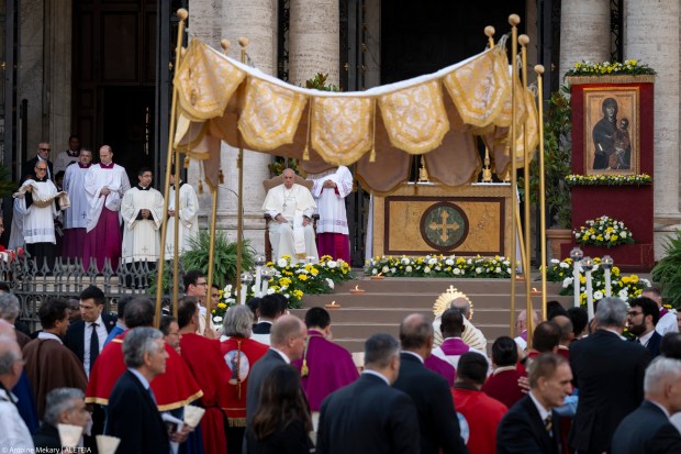Pope Francis presides over the Corpus Christi ceremony outside Saint Mary Major basilica after a procession arrived from Saint John in Lateran basilica, on June 2, 2024 in Rome.