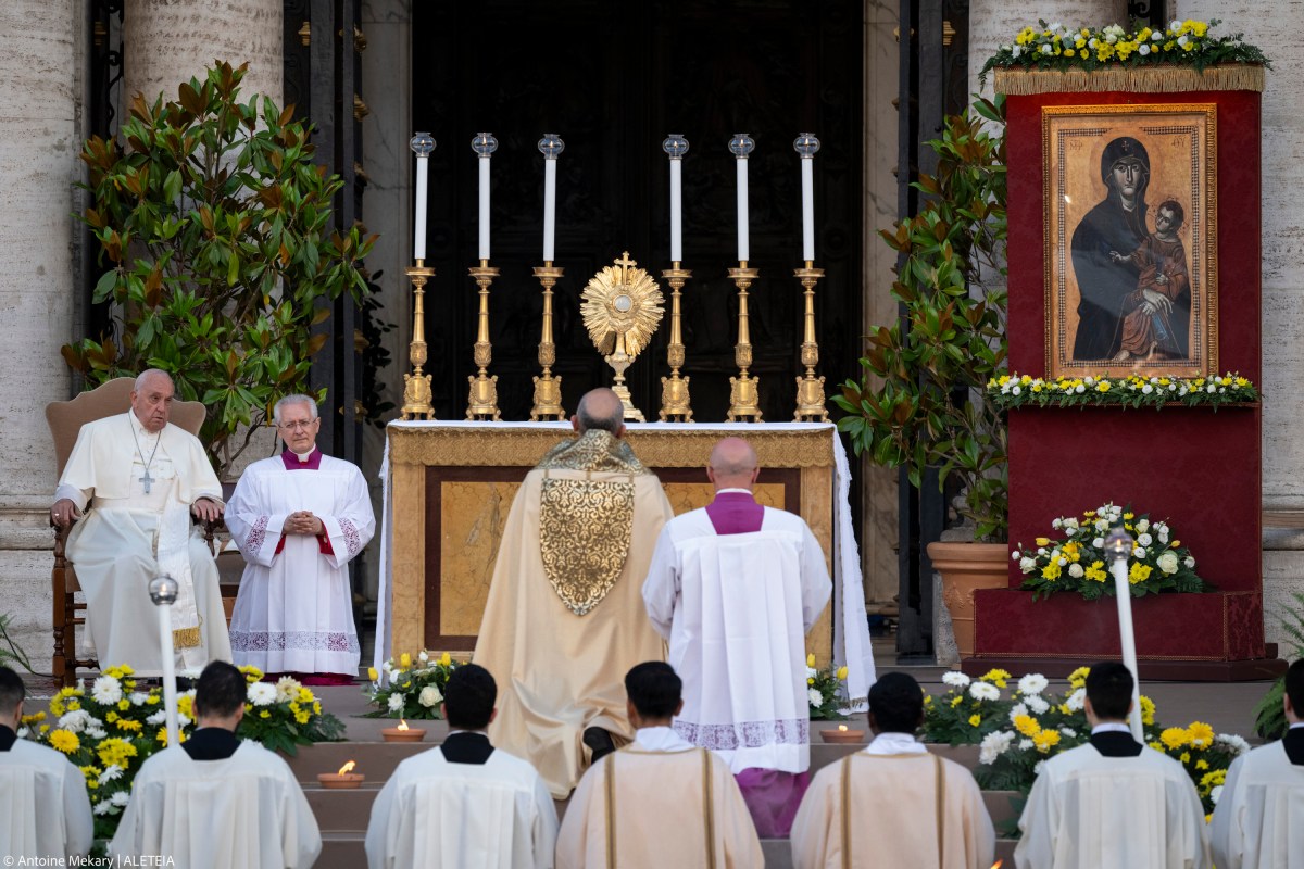 Pope Francis presides over the Corpus Christi ceremony outside Saint Mary Major basilica after a procession arrived from Saint John in Lateran basilica, on June 2, 2024 in Rome.