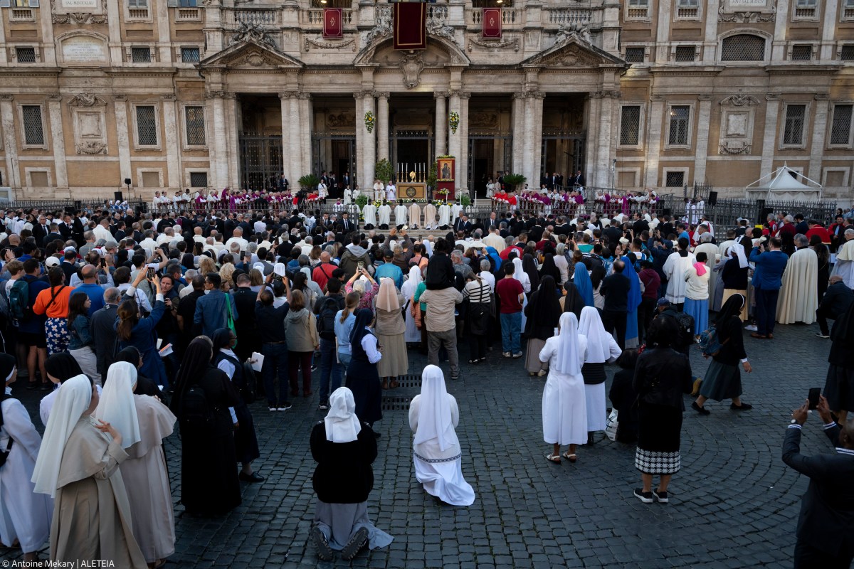 Pope Francis presides over the Corpus Christi ceremony outside Saint Mary Major basilica after a procession arrived from Saint John in Lateran basilica, on June 2, 2024 in Rome.