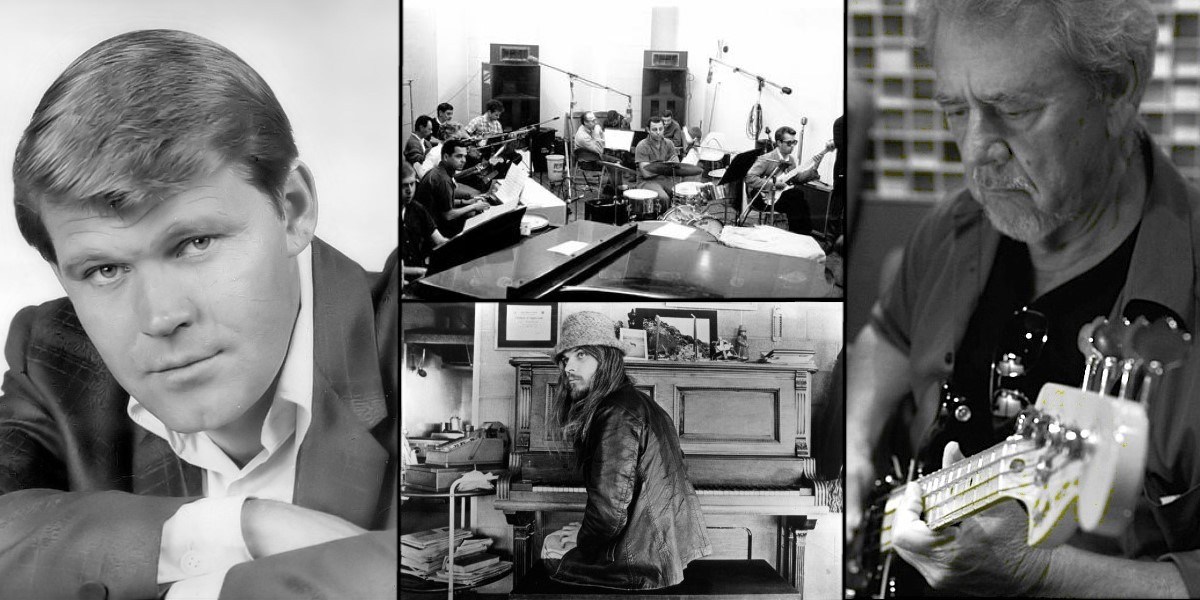 "The Wrecking Crew" at work and musicians Glenn Campbell, Leon Russell, and Joe Osborn