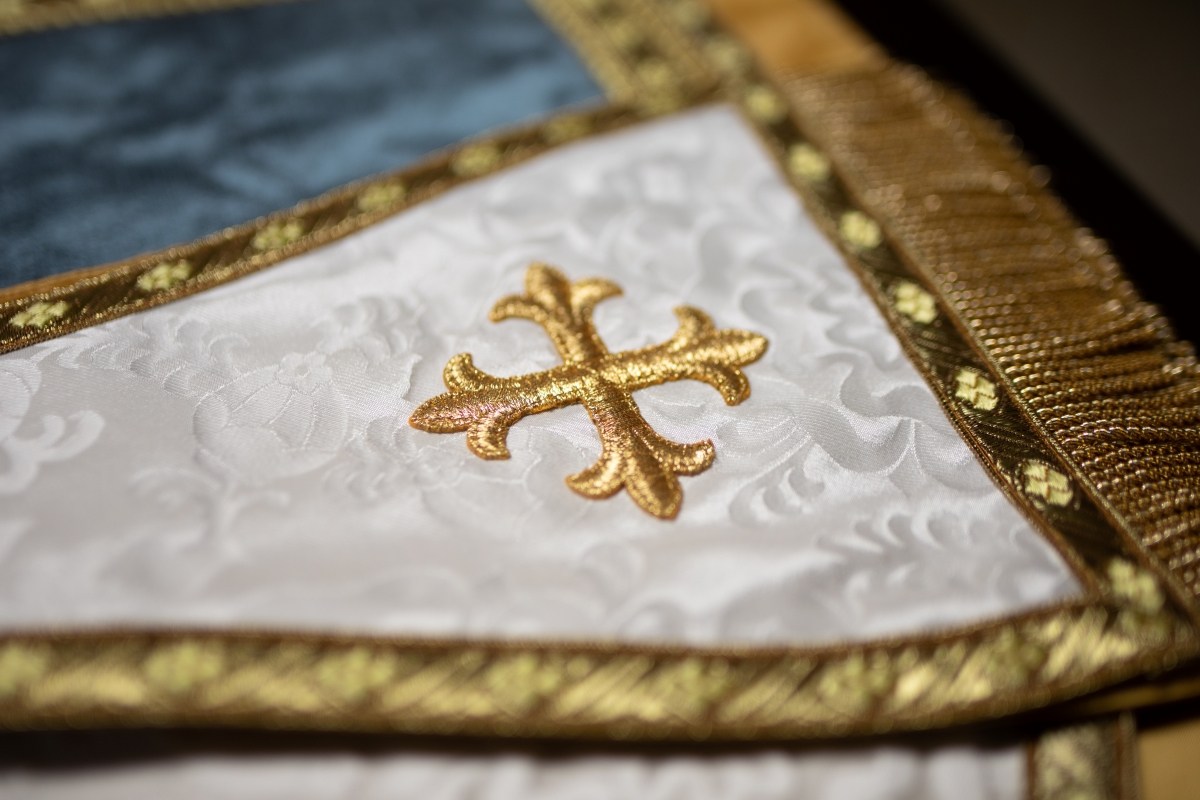 detail of a vestment designed and sewed by a local homeschooling mom