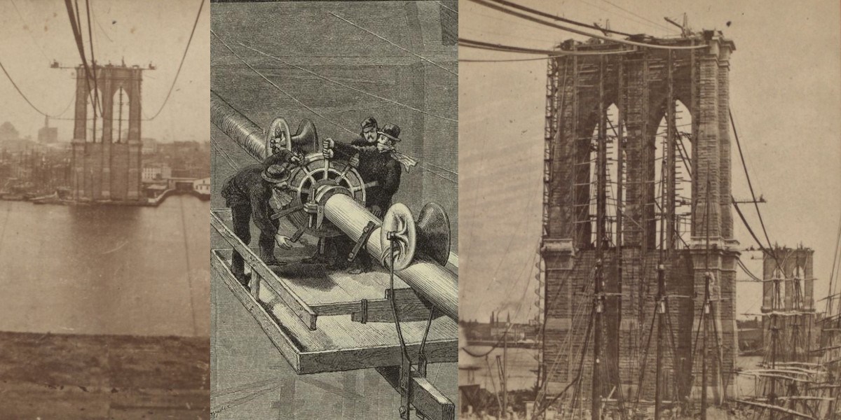 The Brooklyn Bridge under construction