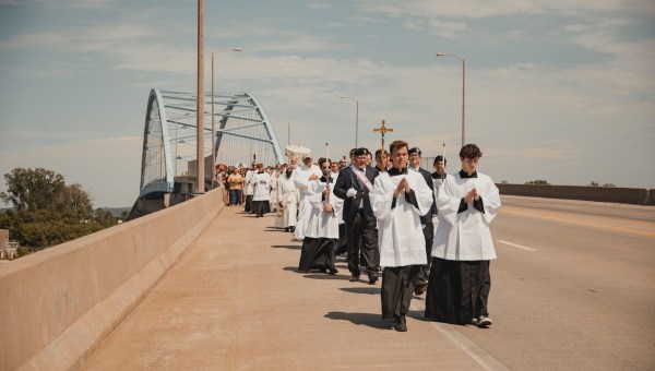 Eucharistic Pilgrimage - The Junipero Serra Route that started at the Golden Gate Bridge in San Francisco crosses the Amelia Earhart Bridge into Atchison, Kansas