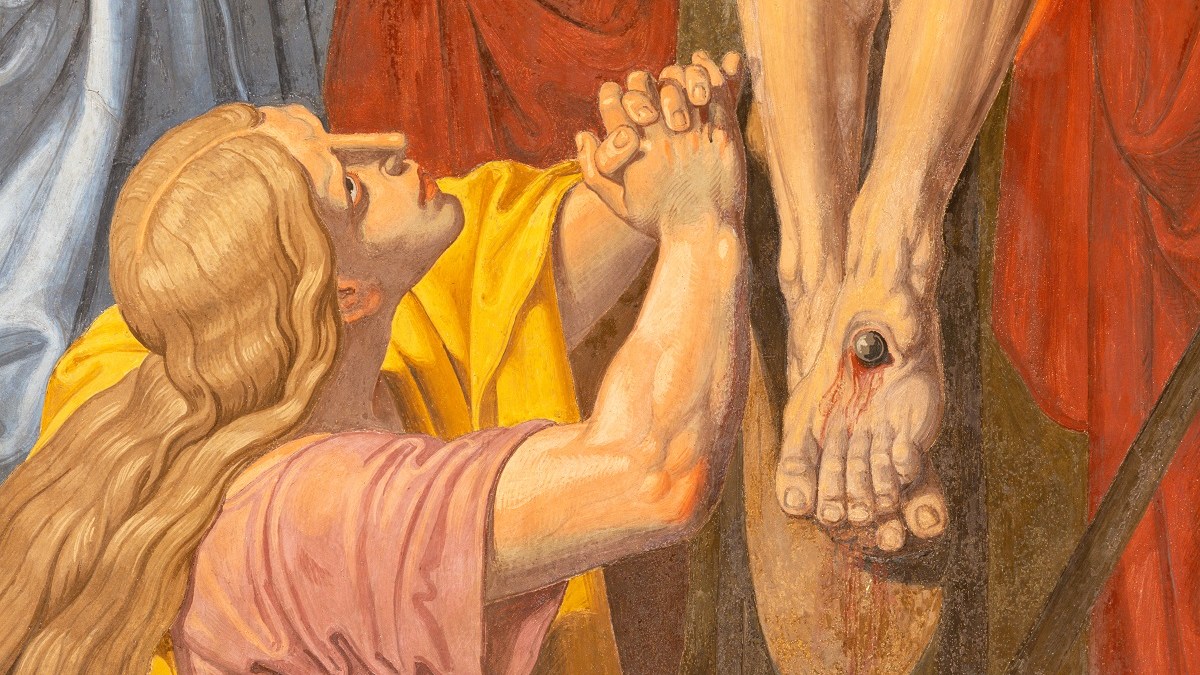 The detail of fresco of Crucifixion (Mary of Magdalen) in the church of St. John the Nepomuk by Josef Furlich