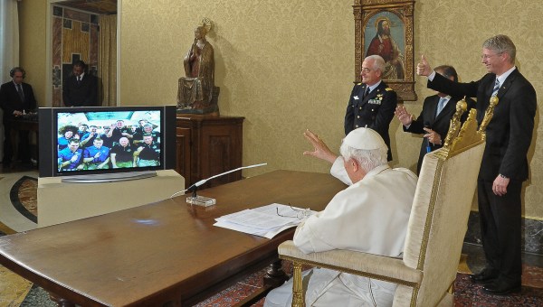 Pope Benedict XVI waves to the 12 astronauts aboard the International Space Station,