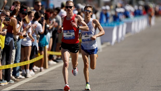Clayton Young and Conner Mantz run through the course during the 2024 U.S. Olympic Team Trials - Marathon on February 03, 2024 in Orlando, Florida
