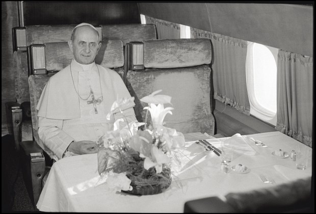 On the occasion of his pilgrimage to Palestine, Pope Paul VI travelling by plane. January 1964.