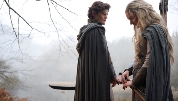 Robert Aramayo as Elrond, Morfydd Cark as Galadriel in Rings of Power season two