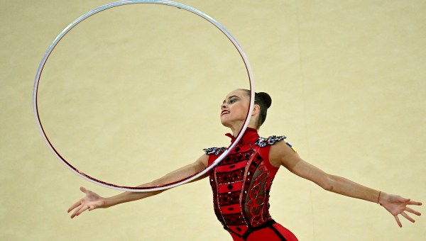 Ukraine's Taisiia Onofriichuk performs with the hoop as she competes in the rhytmic gymnastics' individual all-around final during the Paris 2024 Olympic Games