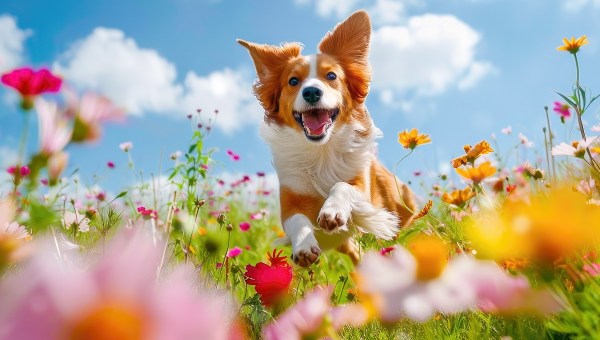 Dog running through flowers, pure joy