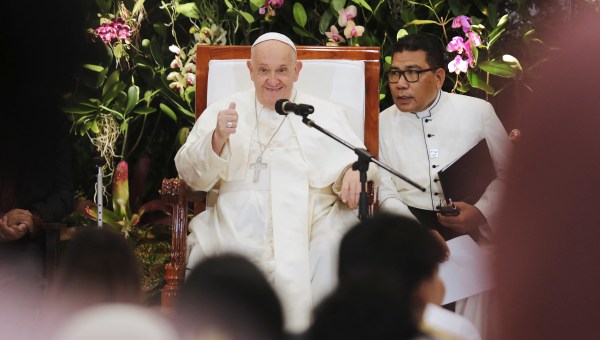 Pope Francis (C) speaks at the Grha Pemuda Youth Centre in Jakarta on September 4, 2024.