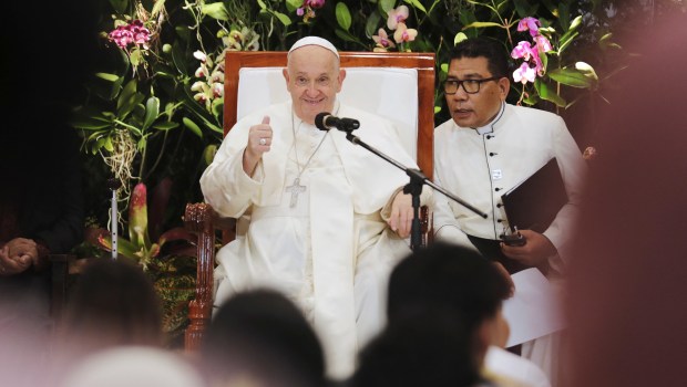 Pope Francis (C) speaks at the Grha Pemuda Youth Centre in Jakarta on September 4, 2024.