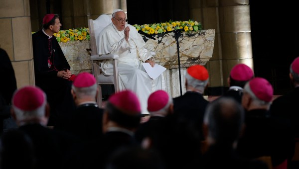 Pope Francis meets with bishops, priests, deacons, consecrated persons, seminarians and pastoral workers at The Koekelberg Basilica of the Sacred Heart in Brussels on September 28, 2024