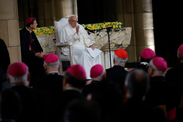 Pope Francis meets with bishops, priests, deacons, consecrated persons, seminarians and pastoral workers at The Koekelberg Basilica of the Sacred Heart in Brussels on September 28, 2024