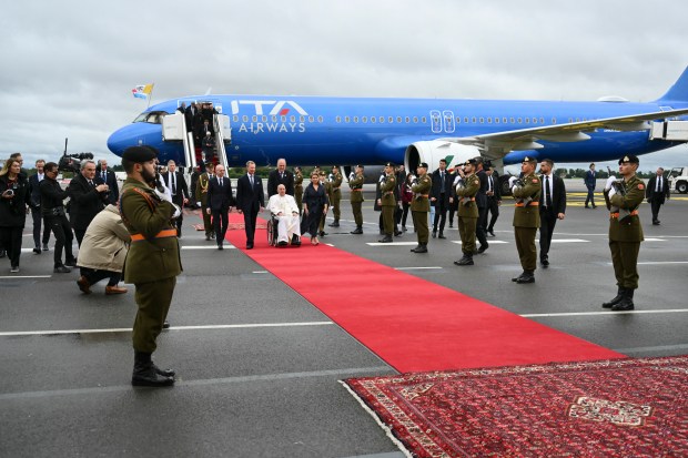 Pope Francis is welcomed by Luxembourg's Prime minister Luc Frieden Grand Duke Henri and his wife Grand Duchess Maria Teresa of Luxembourg