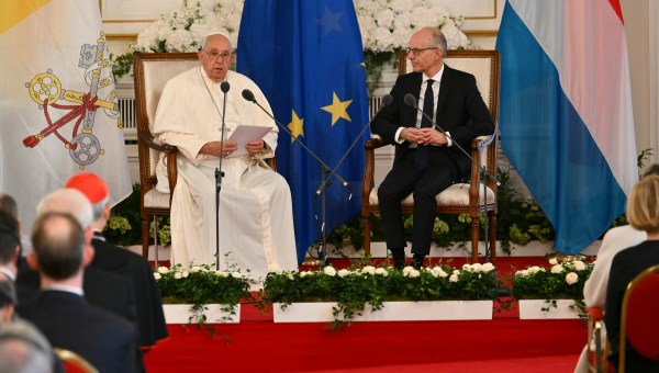 Pope Francis (L) meets with Luxembourg's Prime minister Luc Frieden at the Cercle Cite in Luxembourg city, during a four-day apostolic journey in Luxembourg and Belgium, on September 26, 2024.