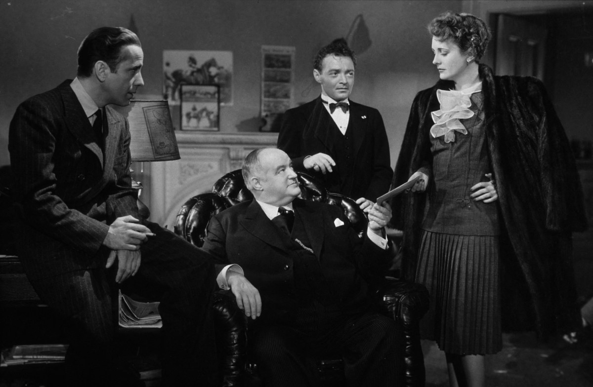 Humphrey Bogart, Peter Lorre, Sydney Greenstreet, and Mary Astor star in "The Maltese Falcon" (1941), directed by John Huston