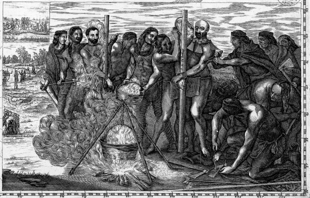 Engraving depicting the martyrdom of St. Jean de Brébeuf and St. Gabriel Lallemont