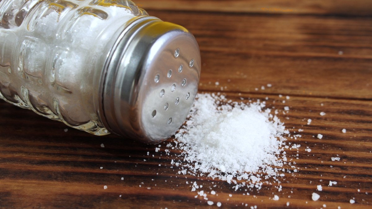 Saltshaker and salt on table