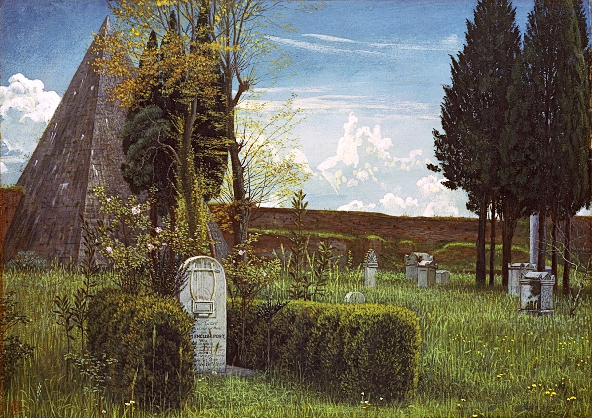 "The Grave of Keats" by Walter Crane, 1873. Depicting the Protestant Cemetery in Rome