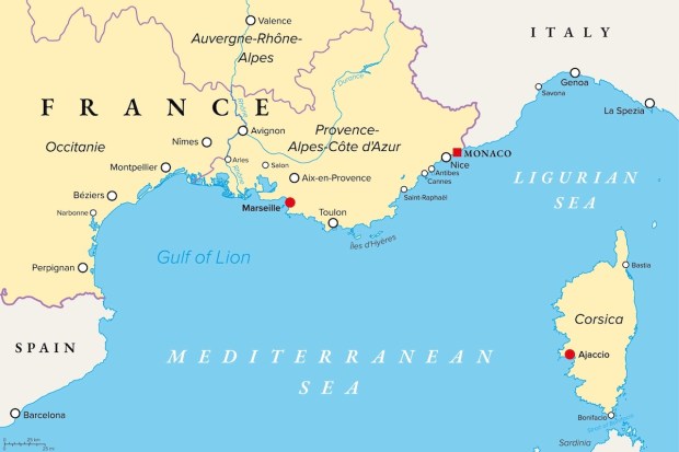 Corsica on map with France Mediterranean