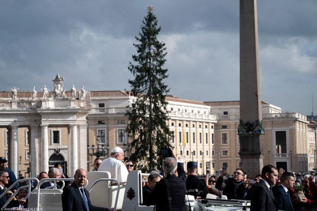 Pope Francis sits on the popemobile at the end of the weekly general audience at St Peter's Square in The Vatican on November 27, 2024.