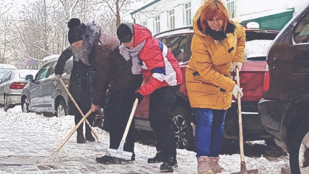 women shoveling snow watercolor