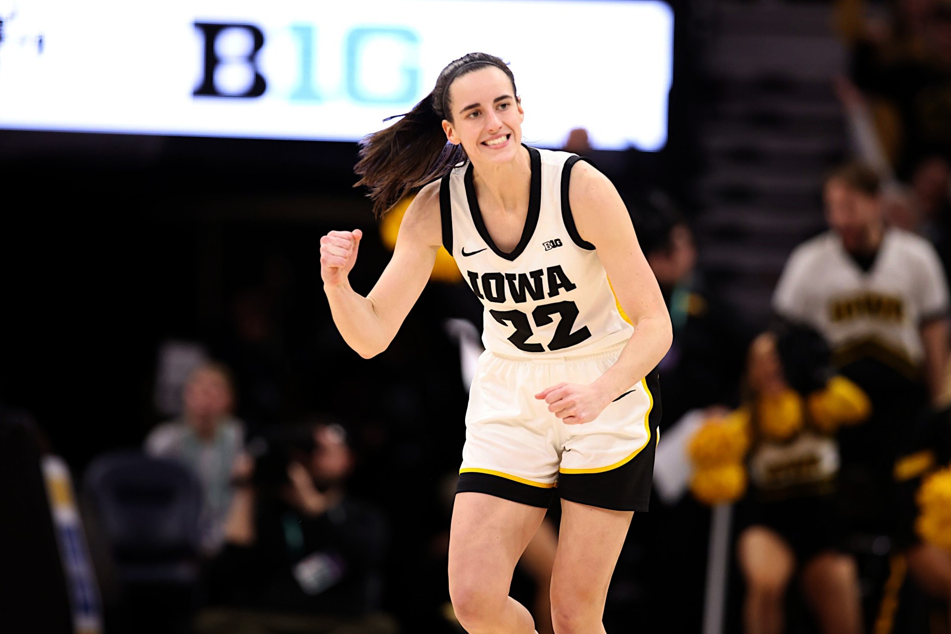 Caitlin Clark playing guard for the Iowa Hawkeyes in March 2024
