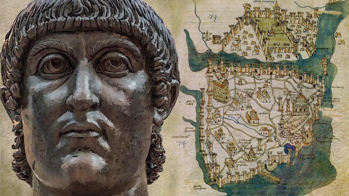 Bust of Constantine and map of Constantinople - Collage