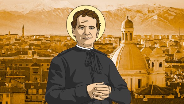 Drawing of St. John Bosco with Turin in background