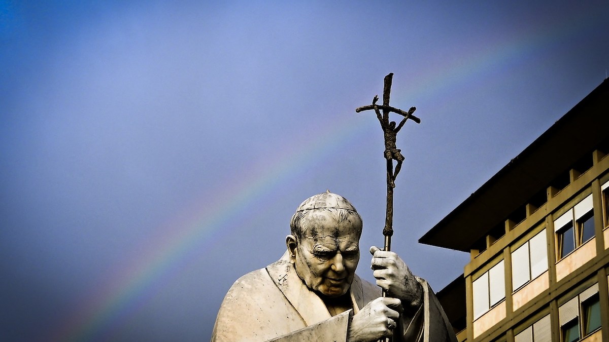 Rainbow Gemelli John Paul II statue