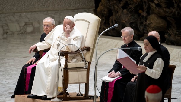 Pope Francis during his weekly general audience in Paul VI Hall at the Vatican on February 12, 2025