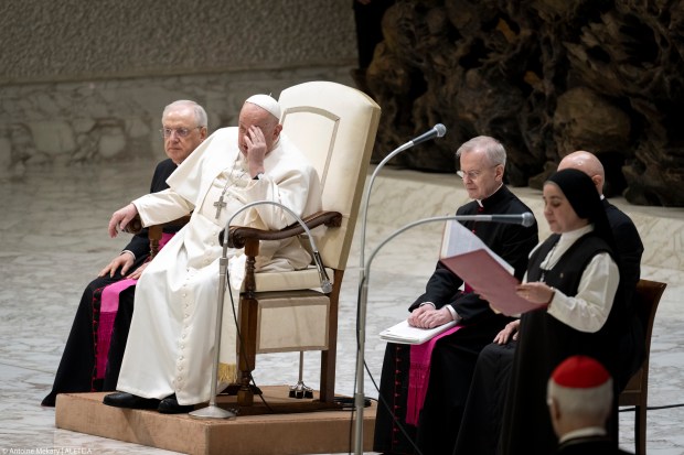 Pope Francis during his weekly general audience in Paul VI Hall at the Vatican on February 12, 2025