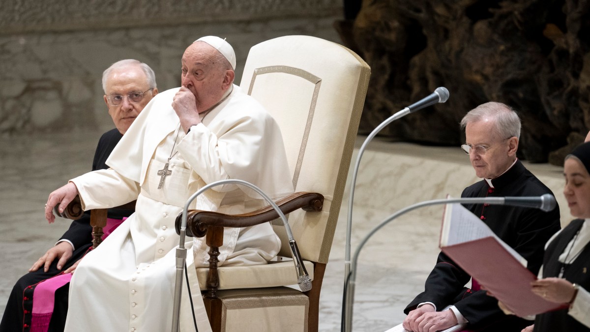 Pope Francis during his weekly general audience in Paul VI Hall at the Vatican on February 12, 2025